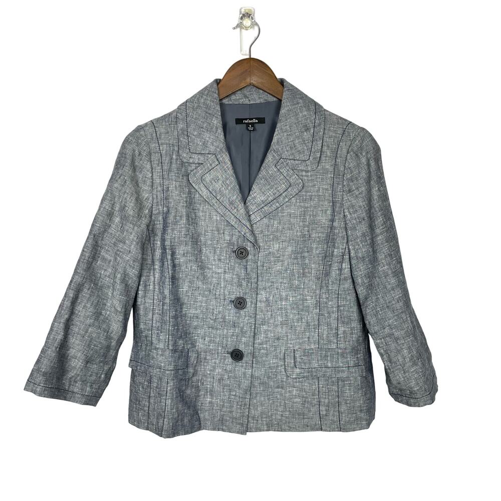 Rafaella | NWOT Navy & White Heather Linen 3/4 Sleeve Button Career Jacket